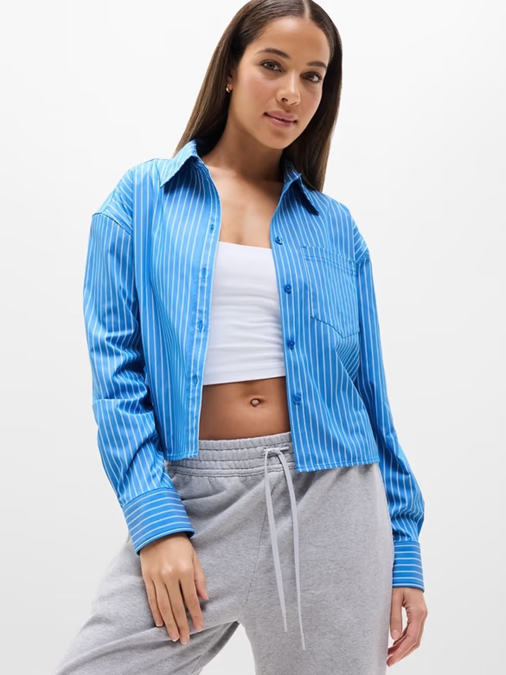 Athleta Bright Blue Pinstripe Cropped Button-Down Shirt